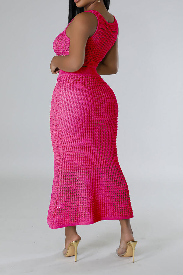 storexq Solid Color Crochet Cutout Beachy Fishtail Skirt Suit