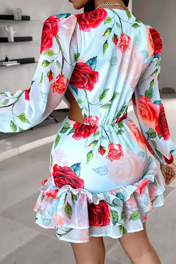 storexq Floral Print Side Cutout Elegant Ruffles Mini Dress