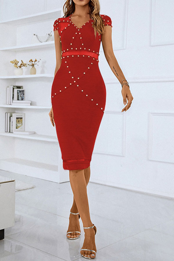 storexq Black Unique Rivet Design See-Through Midi Dress
