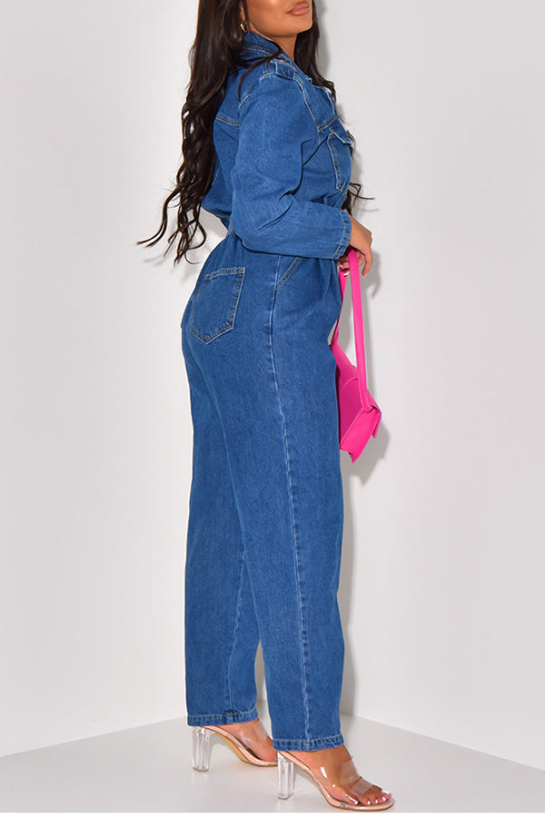 storexq Solid Color Notched Lapel Commuting Denim Jumpsuit