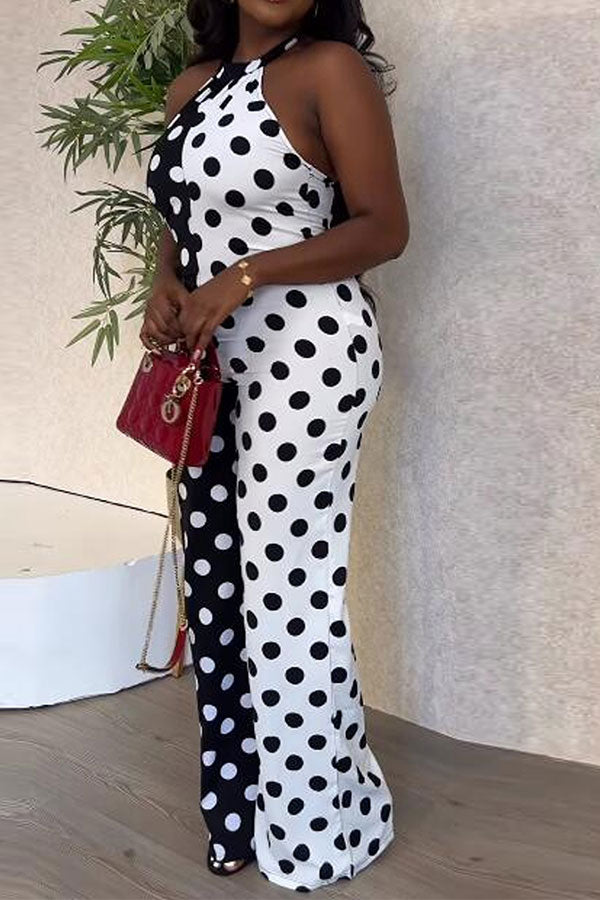 storexq Hit Color Polka Dot Feminine Halter Collar Jumpsuit