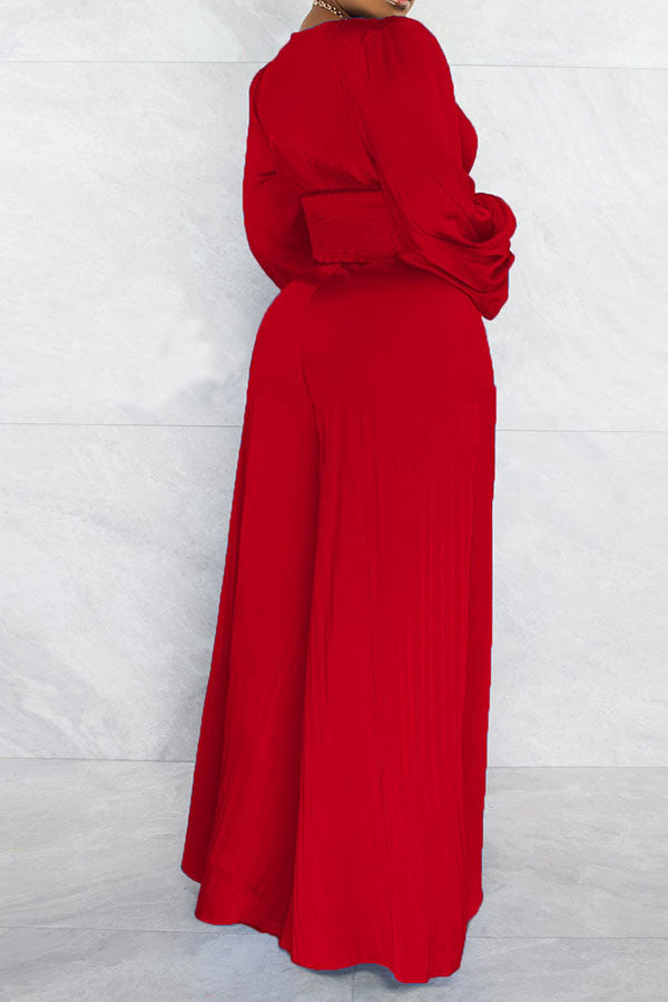 storexq Solid Color Casual Puff Sleeve Pant Suit