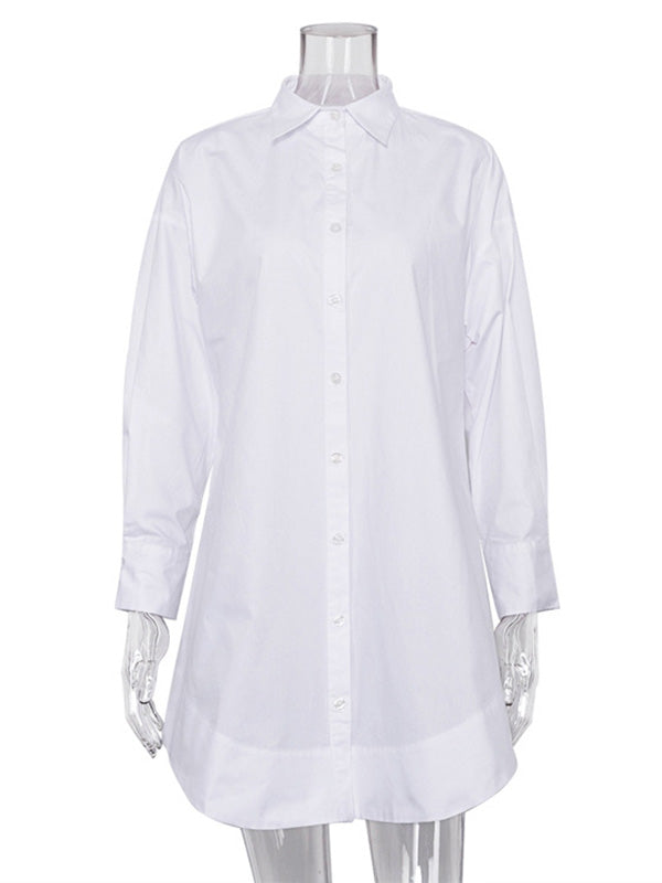 storexq Leisure Fashion Loose Long Sleeves Solid Color Lapel Collar Shirt Dresses