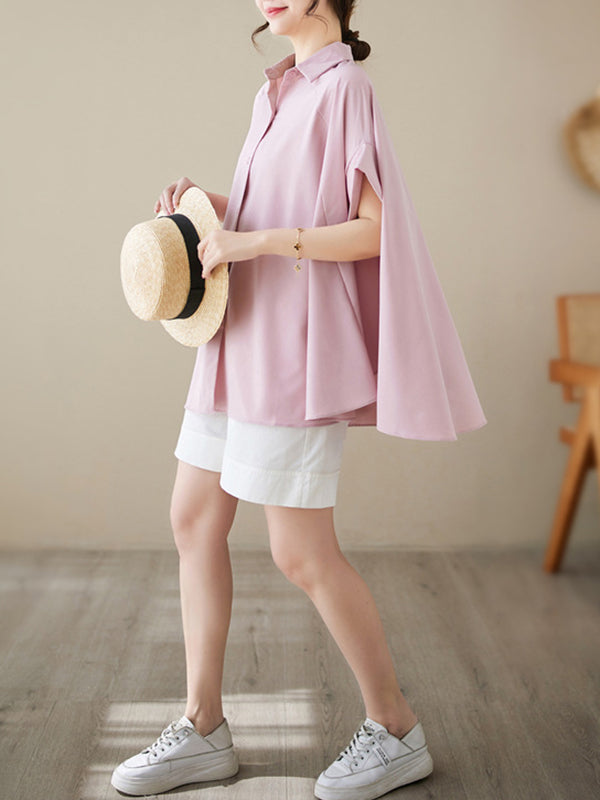 storexq Loose Short Sleeves Solid Color Lapel Shirts Tops