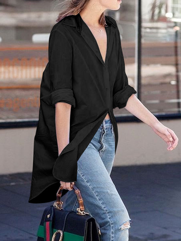 storexq Long Sleeves Loose Buttoned Solid Color Lapel Collar Blouses&Shirts Tops