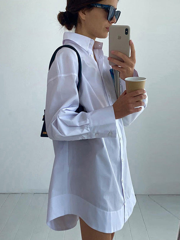 storexq Leisure Fashion Loose Long Sleeves Solid Color Lapel Collar Shirt Dresses