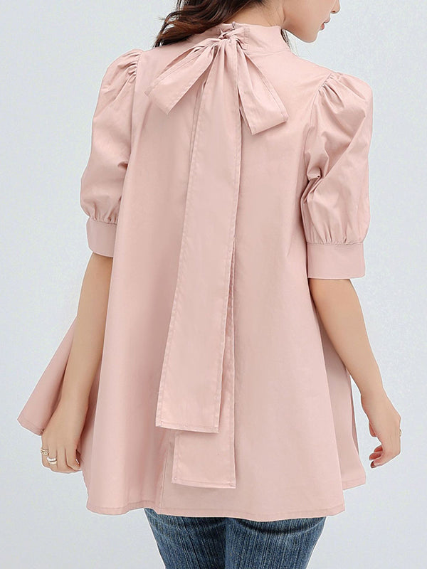 storexq Casual Loose Bow-Embellished Solid Color Blouse
