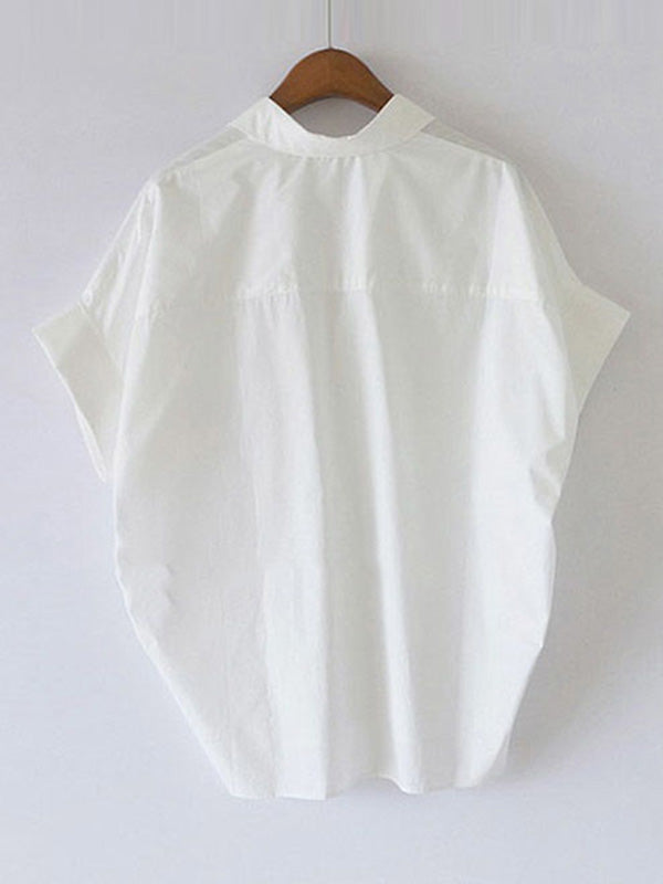 storexq Casual Short Sleeves Loose Solid Color Lapel Collar Blouses&Shirts Tops
