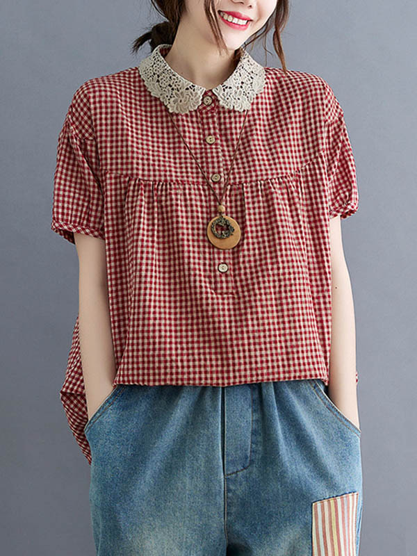 storexq Cotton Blend Plaid Polo Puff Sleeve T-Shirts Tops