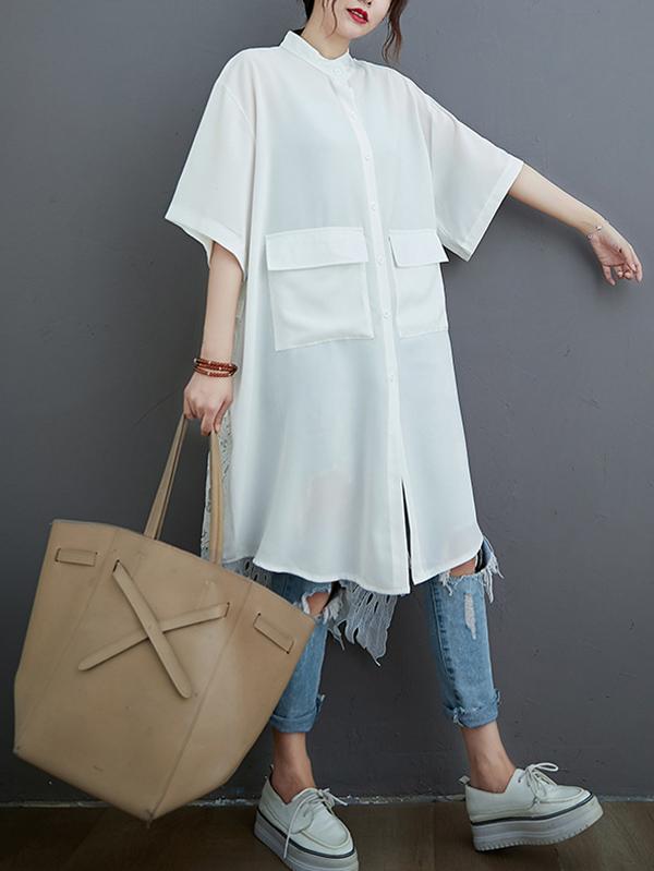 storexq Loose Split-Joint Hollow Solid Long Blouse