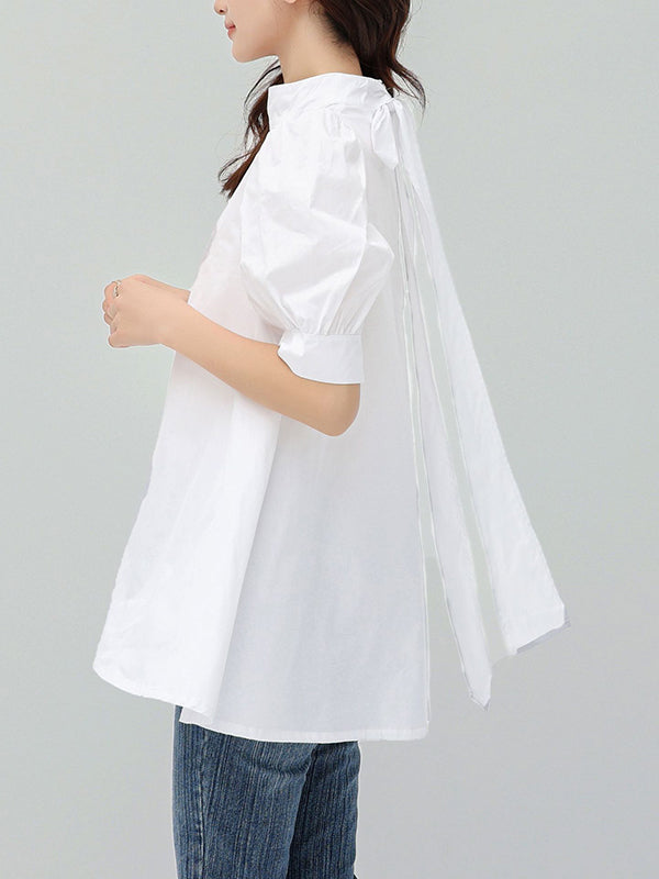 storexq Casual Loose Bow-Embellished Solid Color Blouse