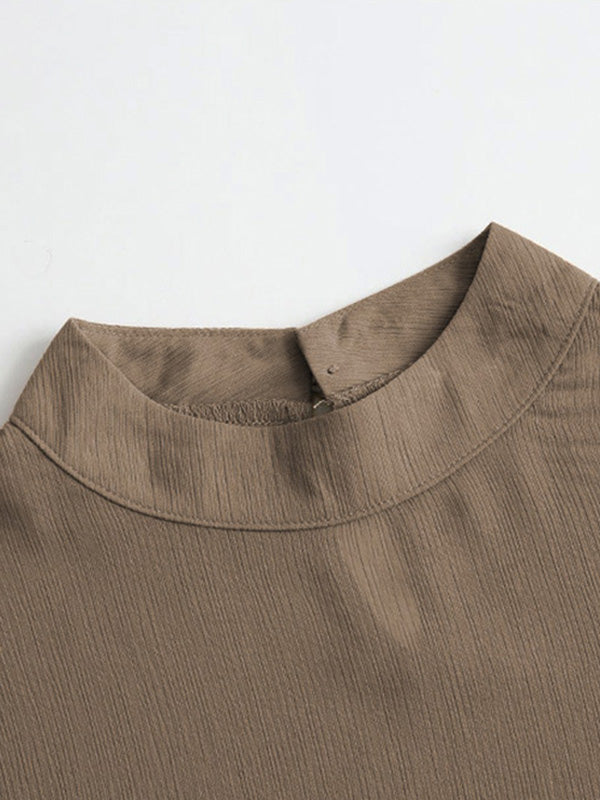 storexq Simple Solid Color Puff Sleeve Mesh Splicing Chiffon Shirt