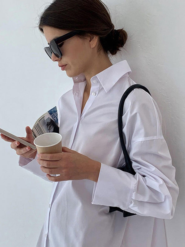 storexq Leisure Fashion Loose Long Sleeves Solid Color Lapel Collar Shirt Dresses