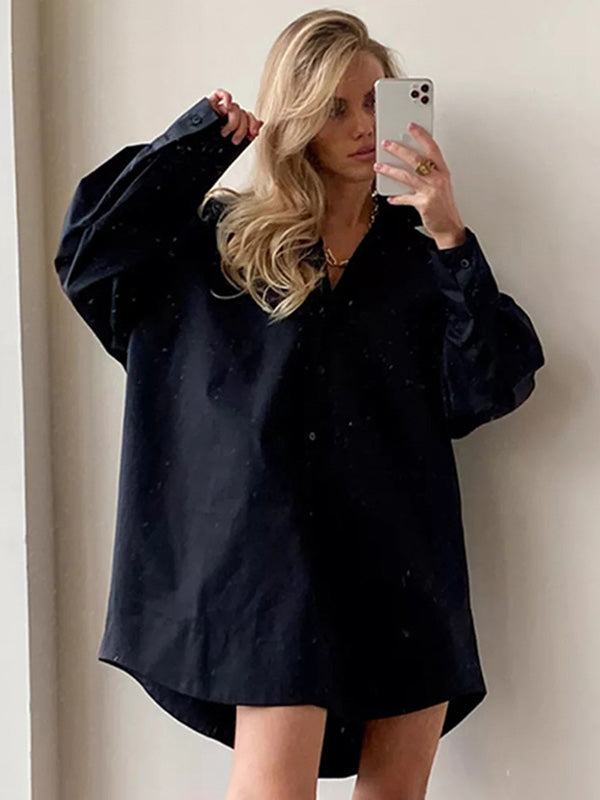 storexq Leisure Fashion Loose Long Sleeves Solid Color Lapel Collar Shirt Dresses