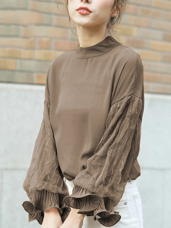 storexq Simple Solid Color Puff Sleeve Mesh Splicing Chiffon Shirt