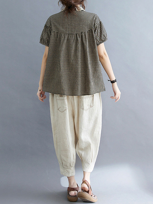 storexq Cotton Blend Plaid Polo Puff Sleeve T-Shirts Tops