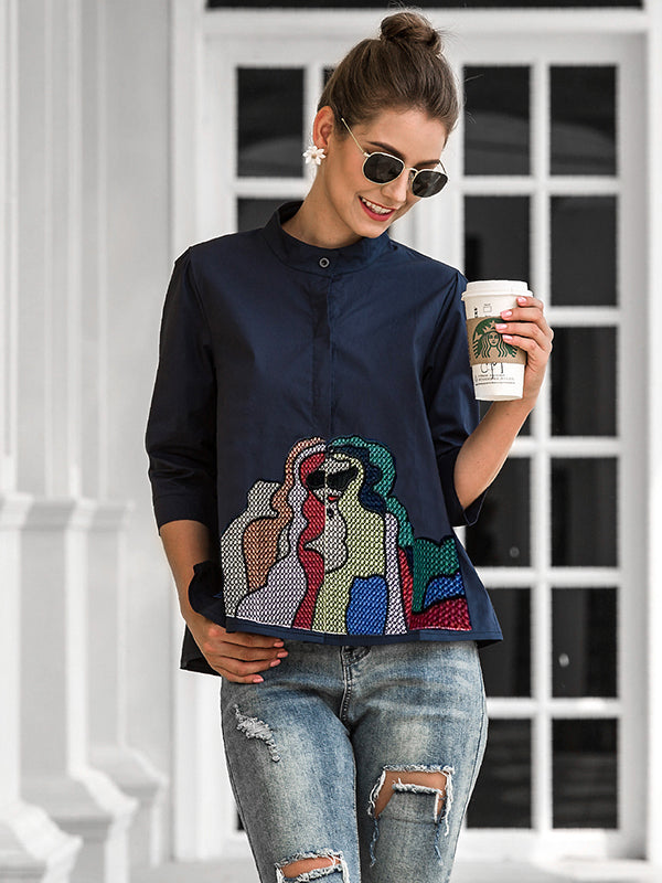 storexq Casual High-Low Loose Printed Stand Collar Blouses&Shirts Tops