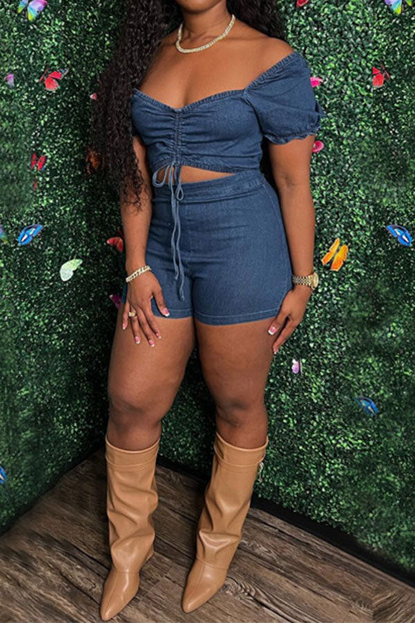 storexq Solid Color Drawstring Sweet Denim Romper