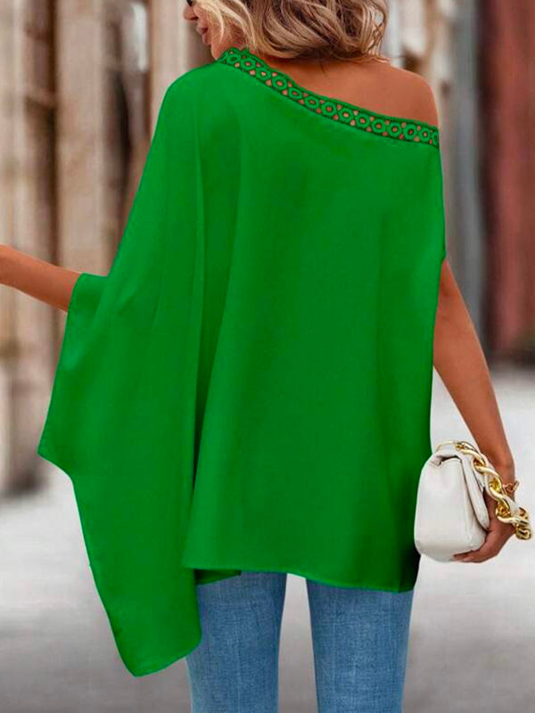 storexq Batwing Sleeves Asymmetric Hollow Solid Color One-Shoulder Blouses&Shirts Tops