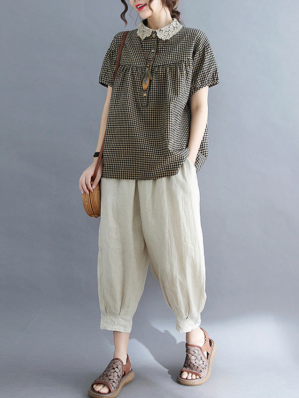 storexq Cotton Blend Plaid Polo Puff Sleeve T-Shirts Tops