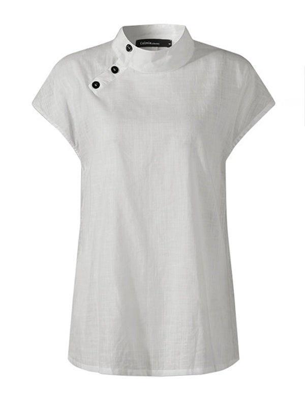 storexq Solid Color Stand Collar Cap-Sleeve Shirts