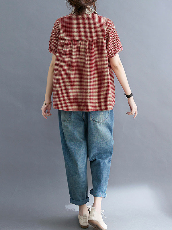 storexq Cotton Blend Plaid Polo Puff Sleeve T-Shirts Tops