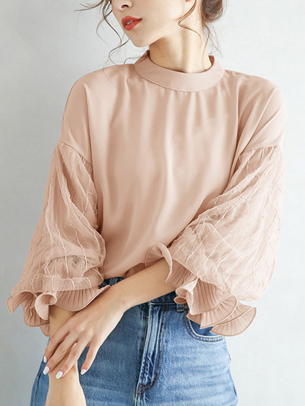 storexq Simple Solid Color Puff Sleeve Mesh Splicing Chiffon Shirt