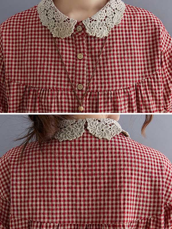 storexq Cotton Blend Plaid Polo Puff Sleeve T-Shirts Tops