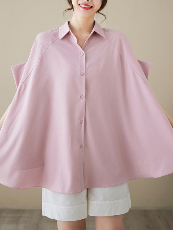 storexq Loose Short Sleeves Solid Color Lapel Shirts Tops
