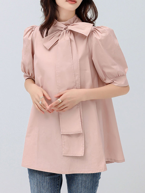 storexq Casual Loose Bow-Embellished Solid Color Blouse