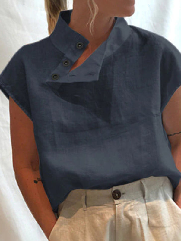 storexq Solid Color Stand Collar Cap-Sleeve Shirts