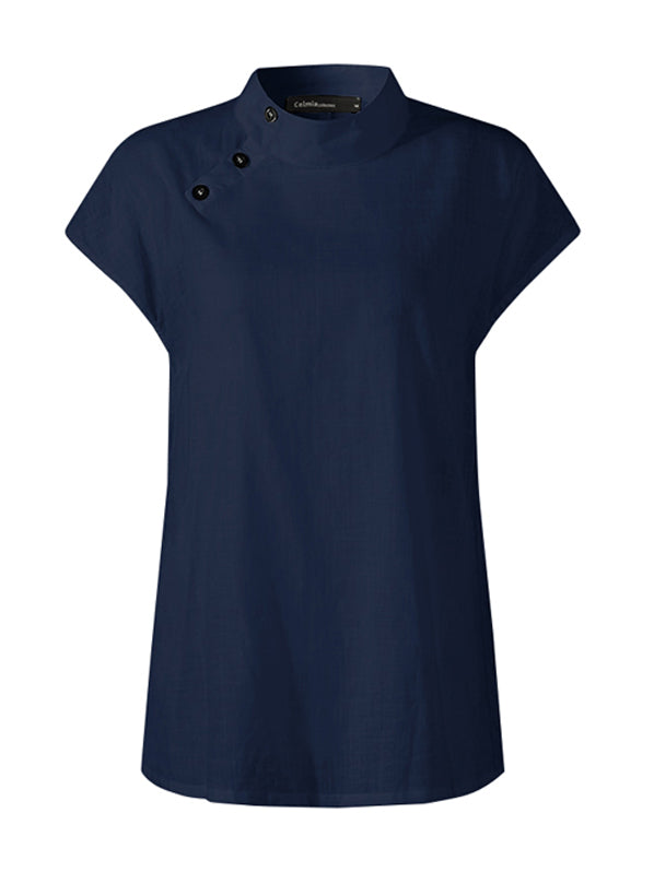 storexq Solid Color Stand Collar Cap-Sleeve Shirts