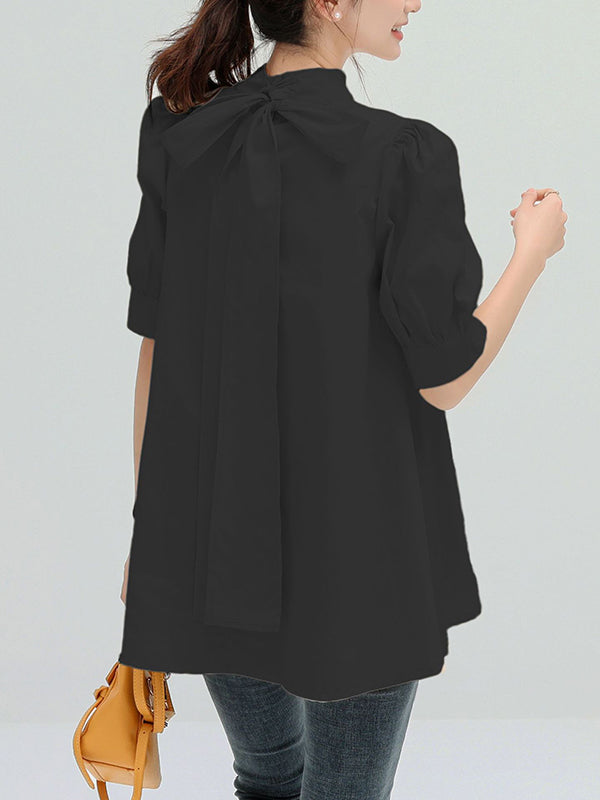 storexq Casual Loose Bow-Embellished Solid Color Blouse