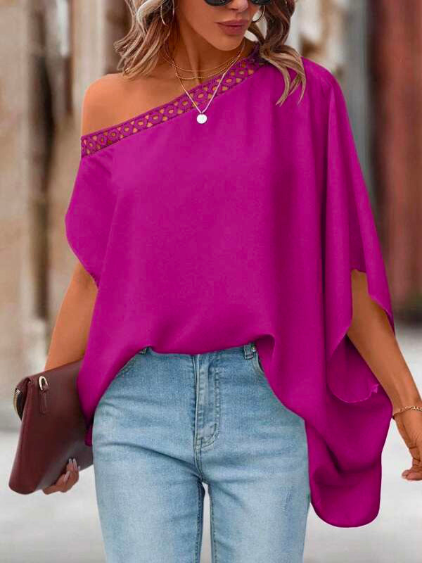 storexq Batwing Sleeves Asymmetric Hollow Solid Color One-Shoulder Blouses&Shirts Tops