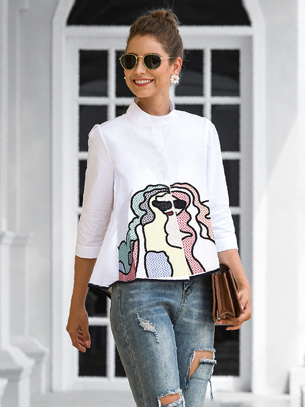 storexq Casual High-Low Loose Printed Stand Collar Blouses&Shirts Tops