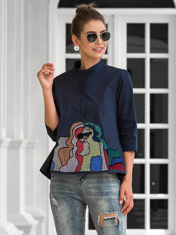 storexq Casual High-Low Loose Printed Stand Collar Blouses&Shirts Tops