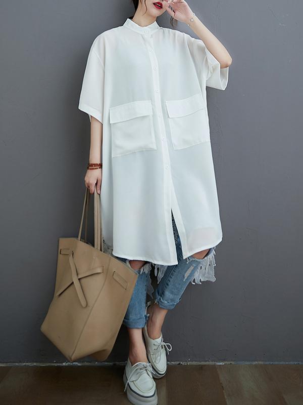 storexq Loose Split-Joint Hollow Solid Long Blouse