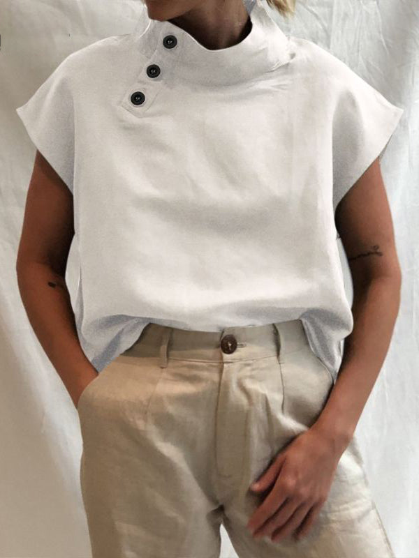 storexq Solid Color Stand Collar Cap-Sleeve Shirts