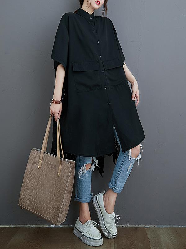 storexq Loose Split-Joint Hollow Solid Long Blouse