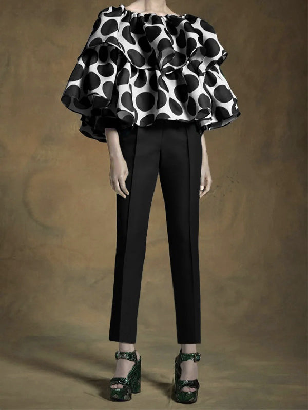 storexq Trendy Tops Loose Tiered Falbala Polka Dot Blouses&Shirts Tops
