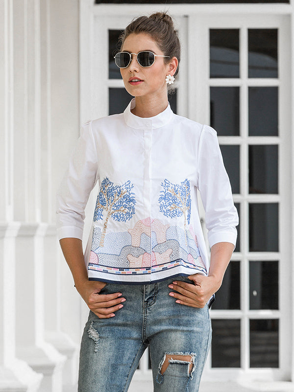 storexq Casual Three-Quarter Sleeves Loose Embroidered Stand Collar Blouses&Shirts Tops