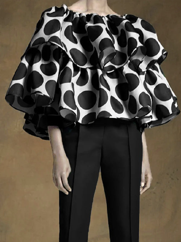 storexq Trendy Tops Loose Tiered Falbala Polka Dot Blouses&Shirts Tops