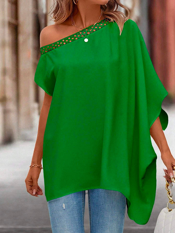 storexq Batwing Sleeves Asymmetric Hollow Solid Color One-Shoulder Blouses&Shirts Tops