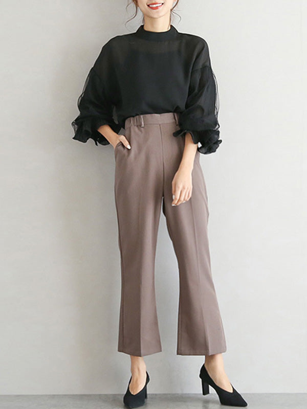 storexq Simple Solid Color Puff Sleeve Mesh Splicing Chiffon Shirt