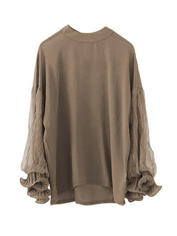 storexq Simple Solid Color Puff Sleeve Mesh Splicing Chiffon Shirt