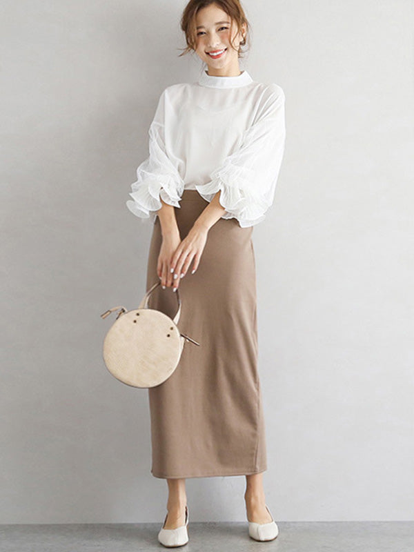 storexq Simple Solid Color Puff Sleeve Mesh Splicing Chiffon Shirt