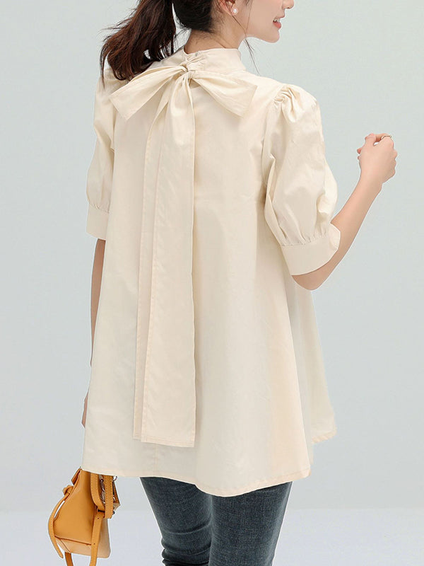 storexq Casual Loose Bow-Embellished Solid Color Blouse