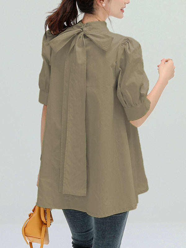 storexq Casual Loose Bow-Embellished Solid Color Blouse