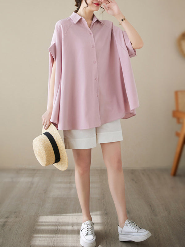 storexq Loose Short Sleeves Solid Color Lapel Shirts Tops