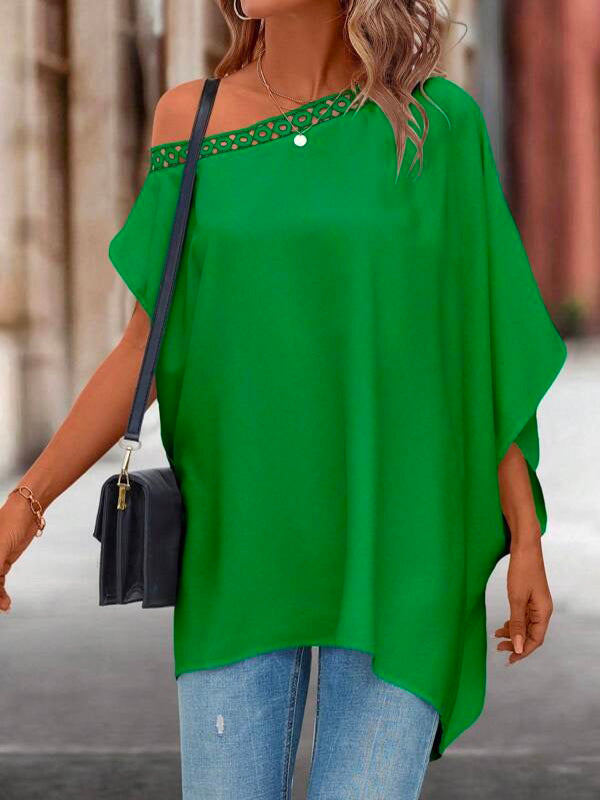 storexq Batwing Sleeves Asymmetric Hollow Solid Color One-Shoulder Blouses&Shirts Tops